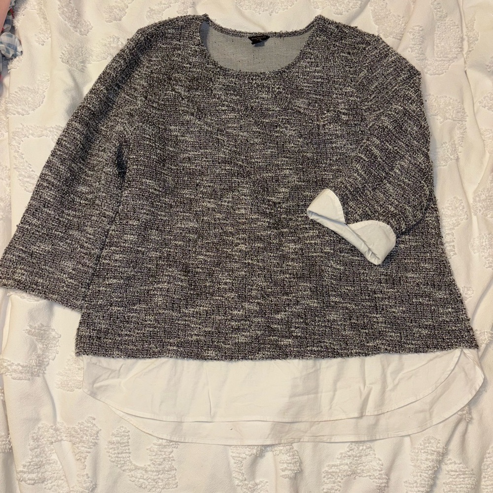 Ann Taylor Gray Marled Crewneck Sweater with White Shirttail